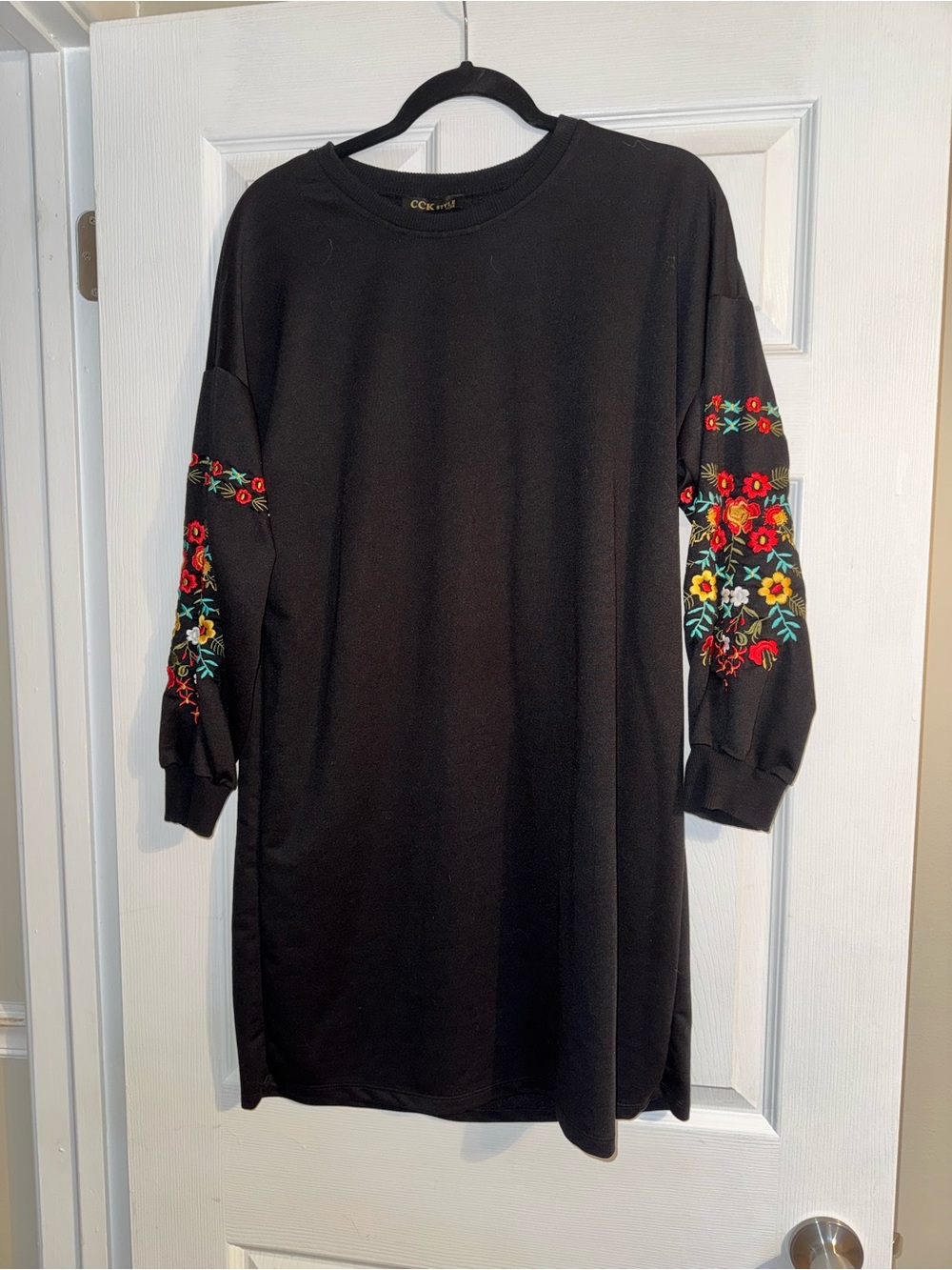 Black Long-Sleeve Dress with Floral Embroidered Sleeves